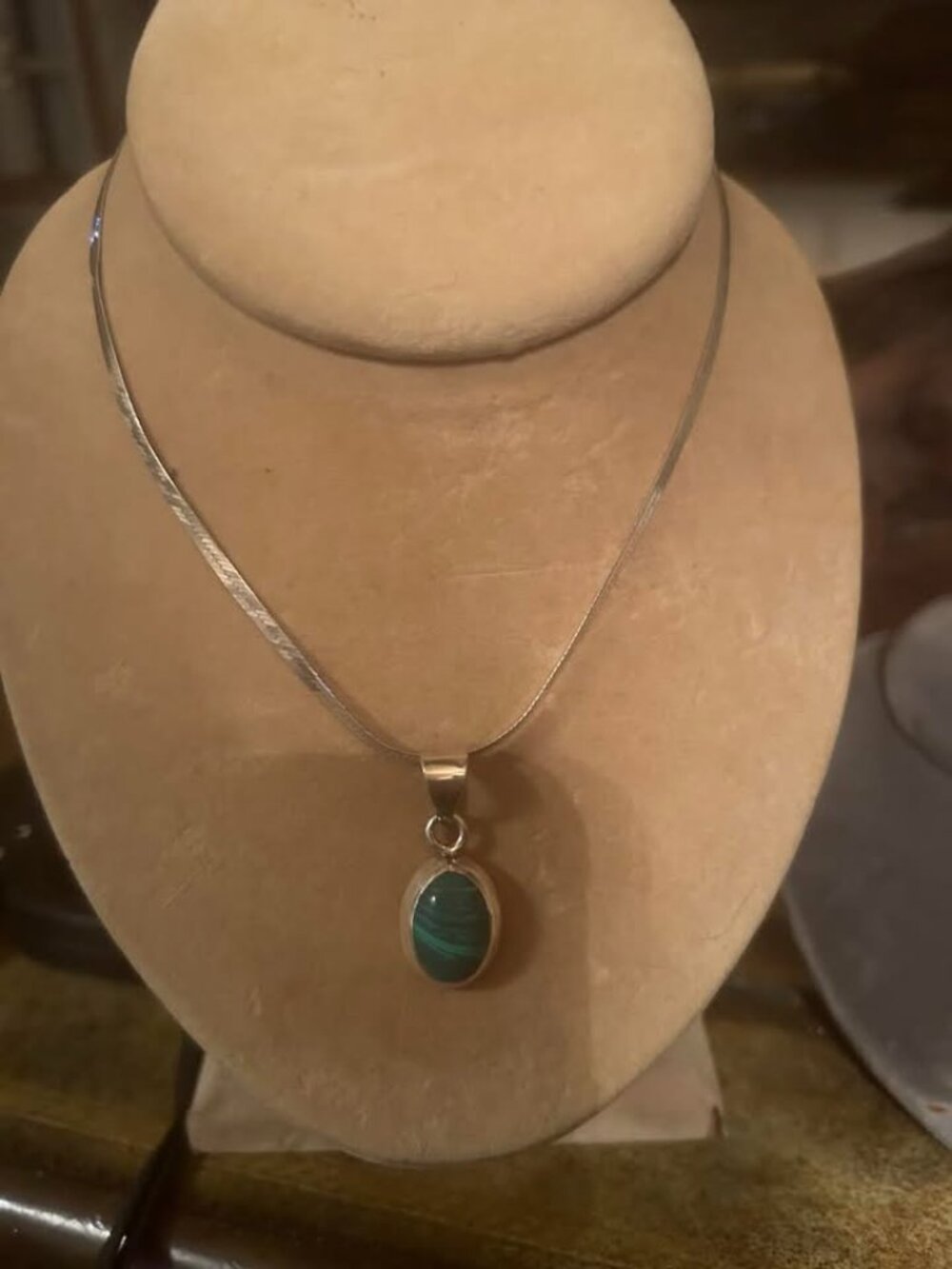 Elegant Sterling Silver Oval Malachite Cabochon Pendant with Sterling Herringbo